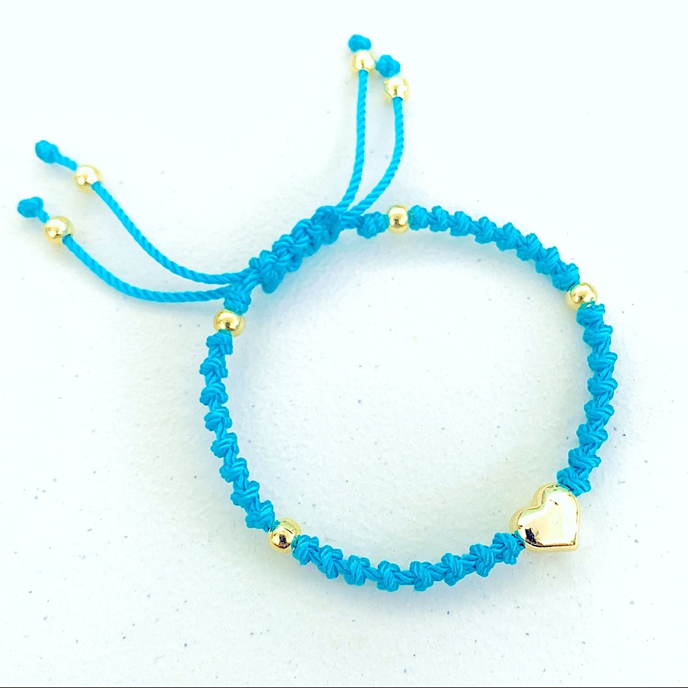 Stainless Steel Golden Puffed Heart Ajustable Macrame Bracelet Turquoise